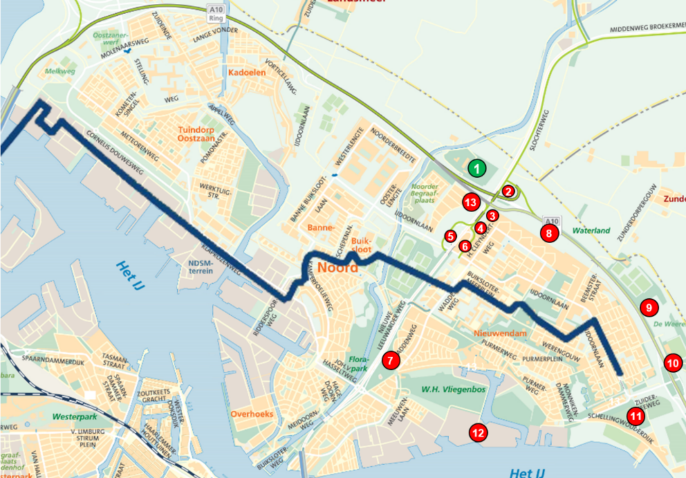 Overzichtskaartje van onderzochte locaties voor hulpwarmtecentrale Amsterdam-Noord