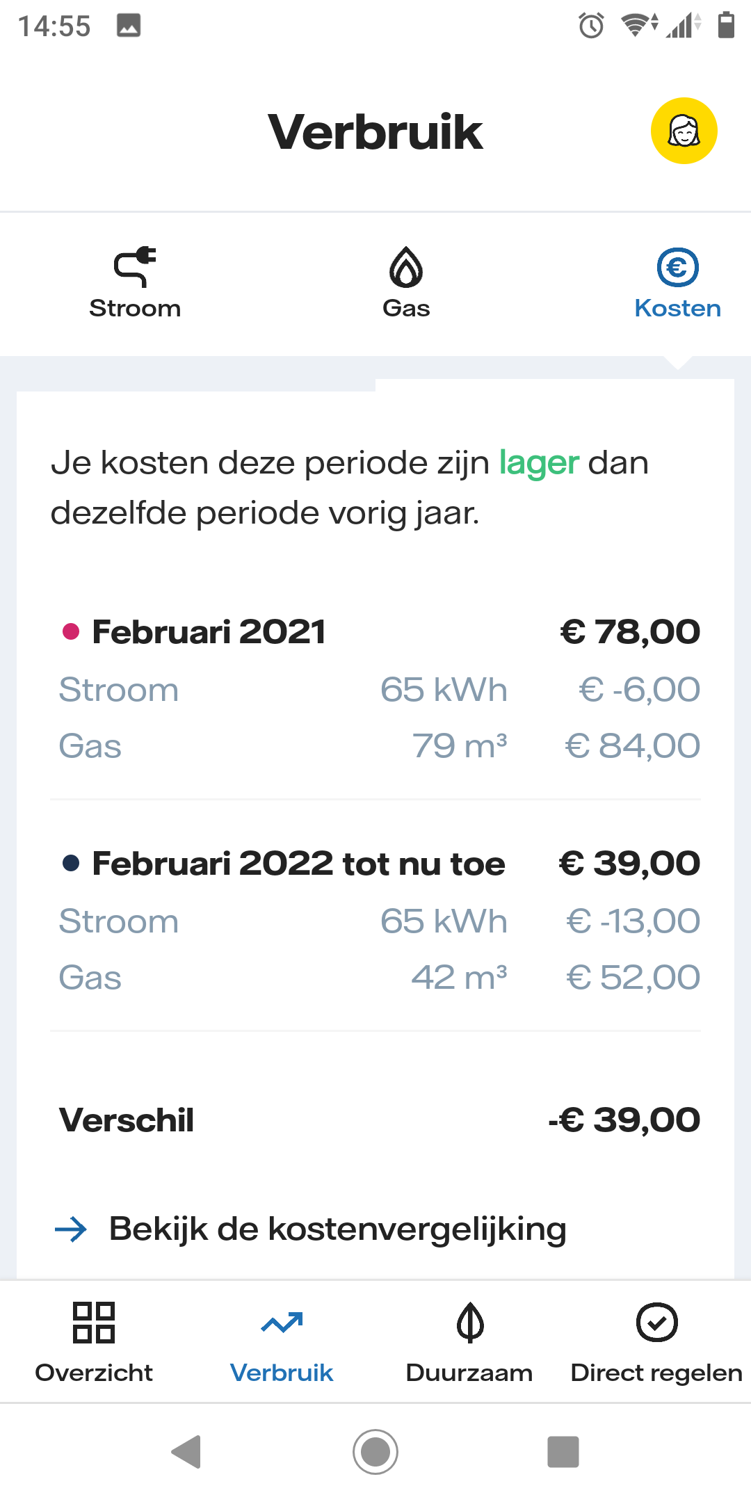 Kosten verbruik vergelijken met vorig jaar via de Energie app