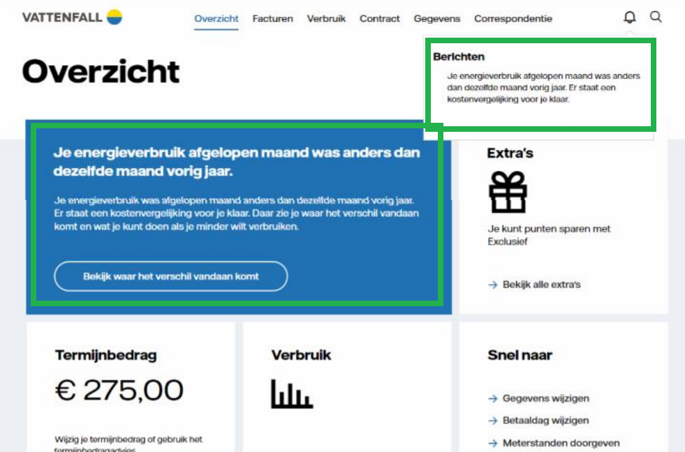 Schermafbeelding bericht bij afwijkend verbruik in Mijn Vattenfall