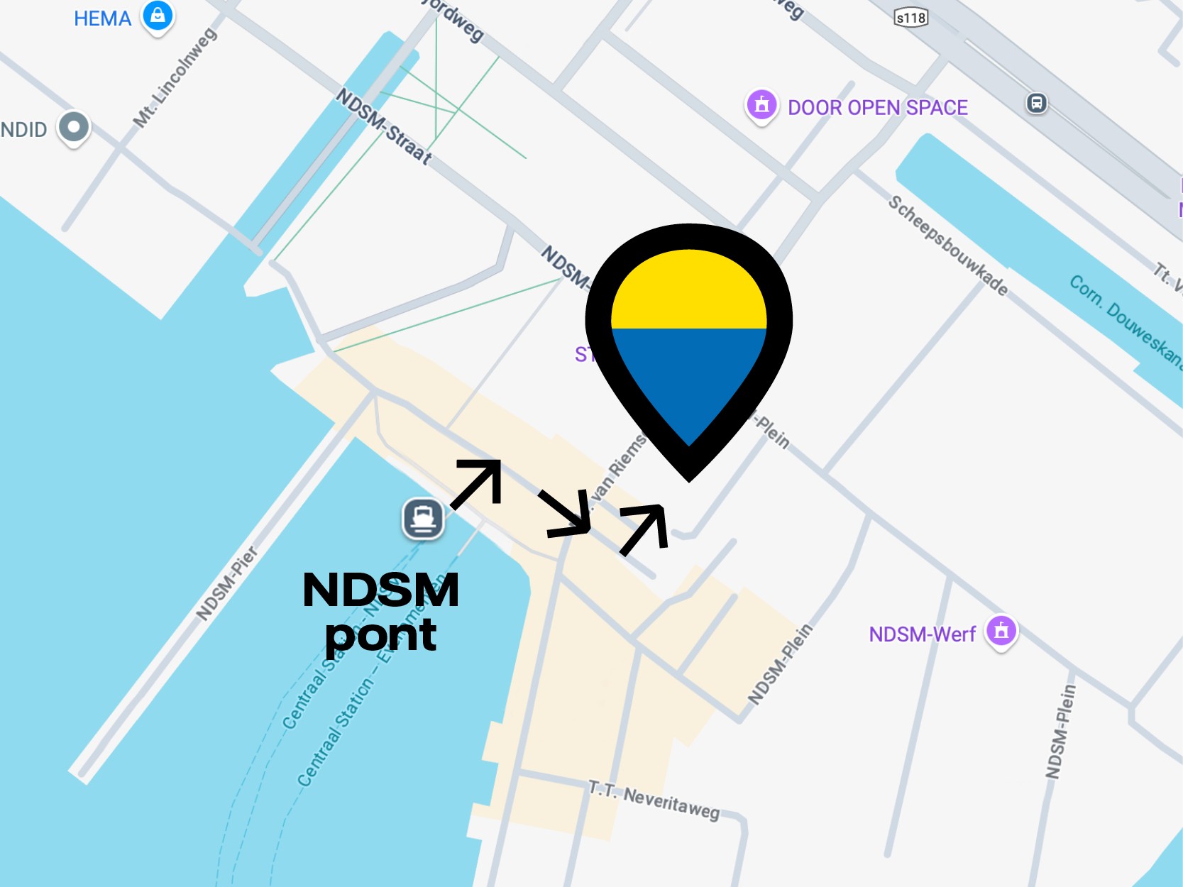 Plattegrond van NDSM terrein waar het paviljoen van Vattenfall staat tijdens Sail met looprichting
