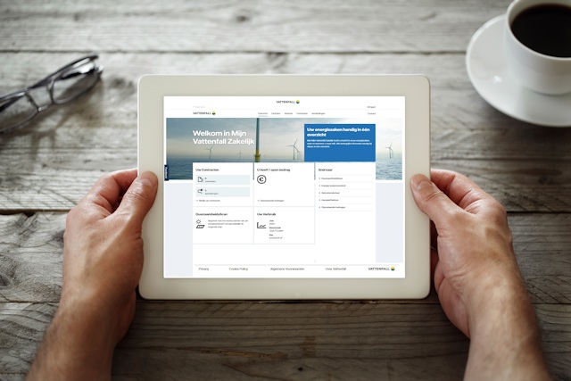 Al uw energiezaken bij elkaar in Mijn Vattenfall Zakelijk Tablet met screenshot van het startscherm van Mijn Vattenfall Zakelijk