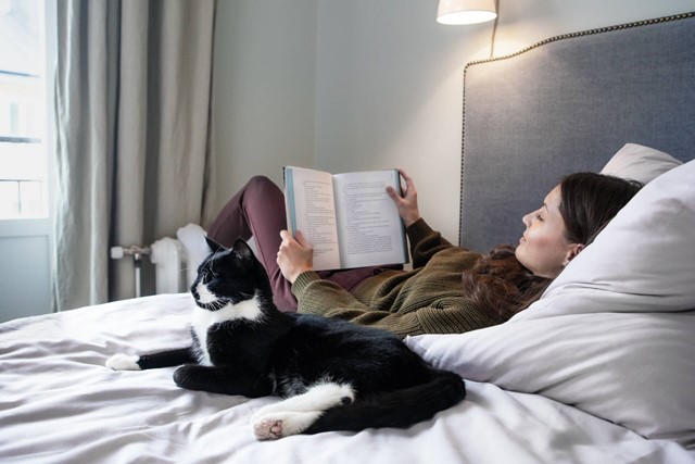 Vrouw leest een boek op bed met kat naast haar | Gas vergelijken