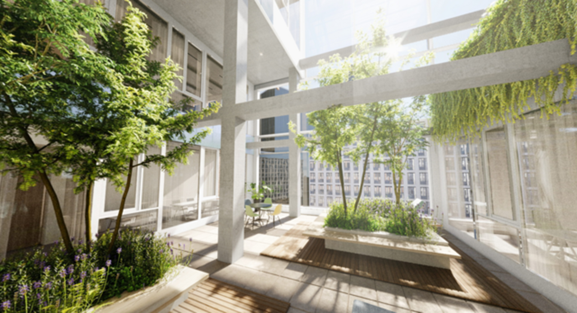 Mooi aangelegde groene daktuin op dakterras van een groot kantoor - voordelen van groen in en om je gebouw