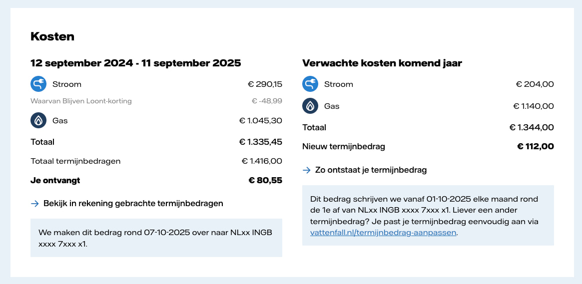Op deze afbeelding staat voorbeeld van een deel van de online jaarafrekening. In het voorbeeld staan de kosten van het afgelopen jaar en het aankomende jaar.