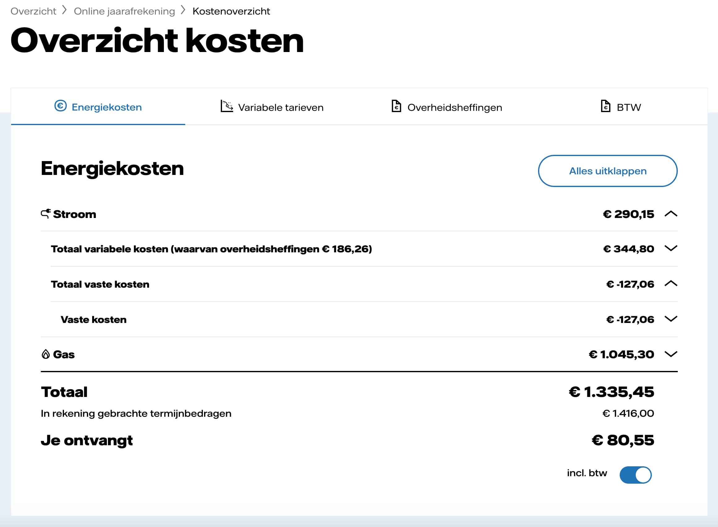 Deze afbeelding toont een voorbeeld van een deel van de online jaarafrekening. In dit voorbeeld staat het kostenoverzicht.
