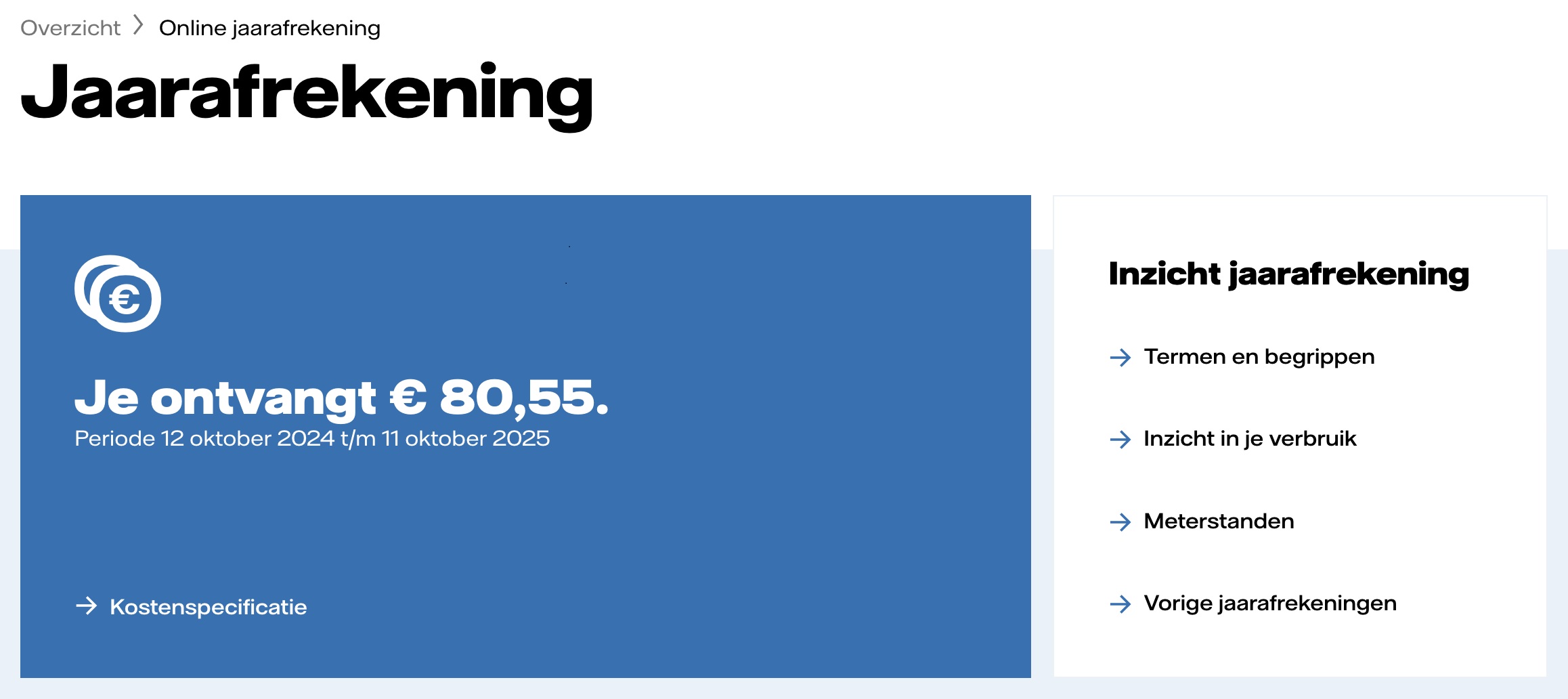 Op deze afbeelding staat een voorbeeld van een deel van de online jaarafrekening. In dit voorbeeld zie je de uitkomst van het voorbeeld: je ontvangt geld terug.