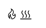Illustratie van een vlam (links) en een van drie verticaal golvende streepjes (rechts) die op de WTH-thermostaat verschijnen wanneer de verwarming is ingeschakeld 