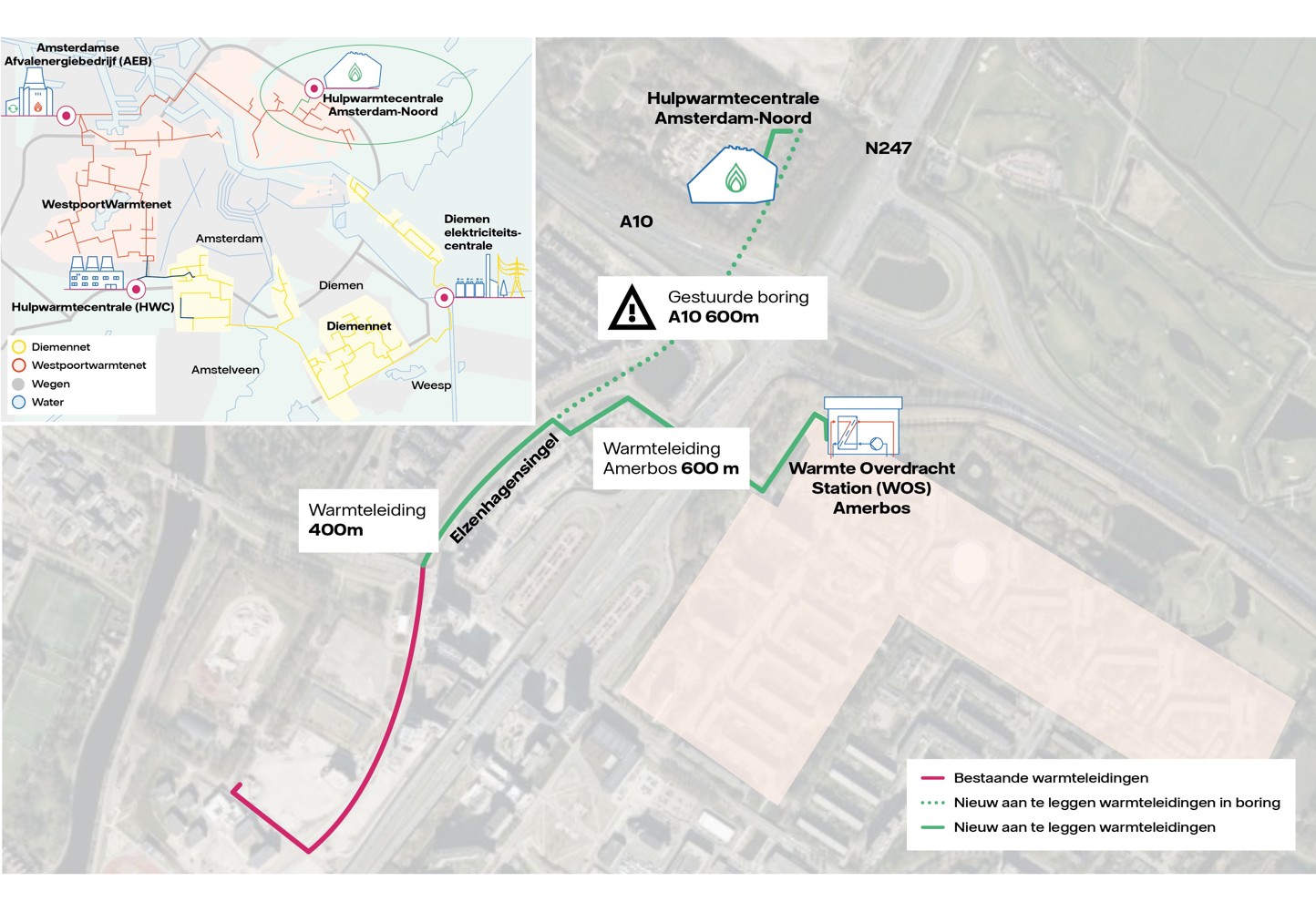 Kaart met overzicht van stadswarmtewerkzaamheden in Amsterdam-Noord