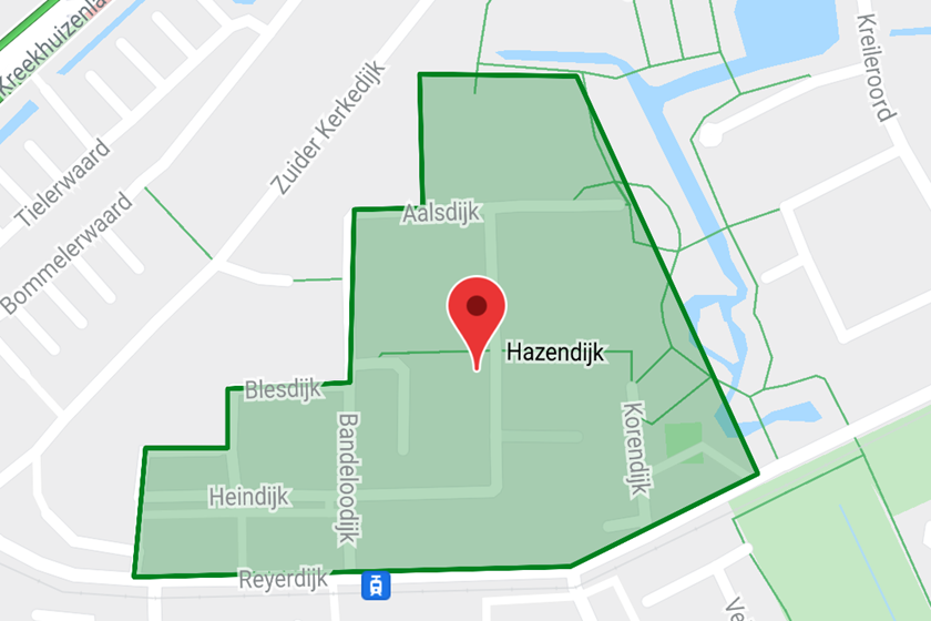 Plattegrond met het warme-werkgebied Heindijk in Rotterdam ingetekend in het groen