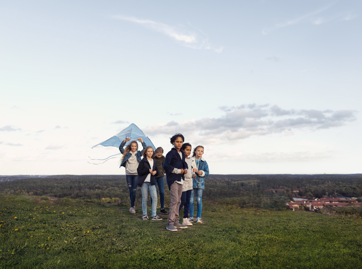 Kinderen op het gras met vlieger 