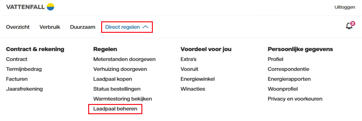Menu laadpaal beheren in Mijn Vattenfall