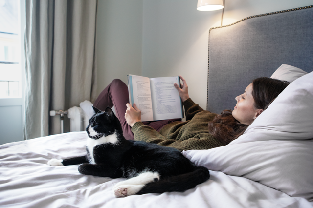 Vrouw op bed leest een boek