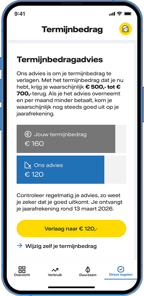 Voorbeeld van het maandelijkse termijnbedrag, mogelijkheid om dit termijnbedrag te wijzigen en een advies over het termijnbedrag. 