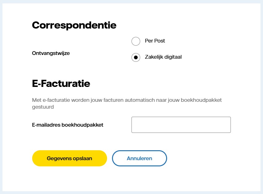 Screenshot Correspondentie, E-facturatie als voorbeeld hoe en waar je het emailadres van een boekhoudpakket moet invullen