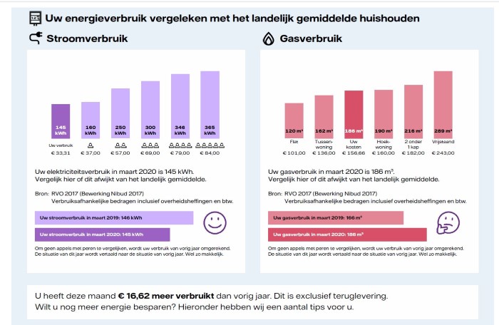 Landelijk gemiddelde energierapport uitgesplitst naar stroomverbruik en gasverbruik